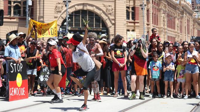 Australia Day protest outside Parliament House in Melbourne. Picture: Alex Coppel