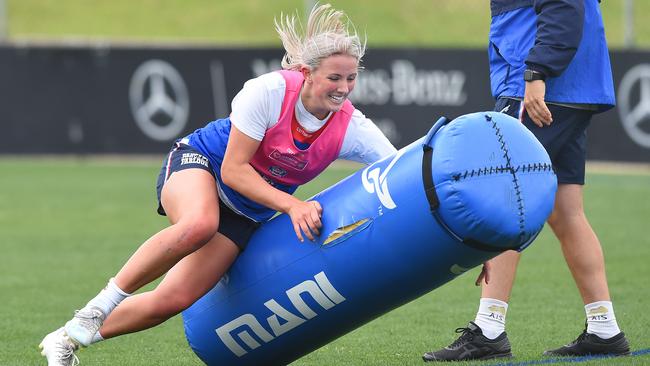 Gabby Newton in action at Western Bulldogs training on Tuesday. Picture: Josie Hayden