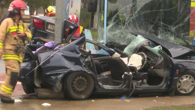 Three people were trapped inside the smashed car including a 13-year-old girl. Picture: TNV