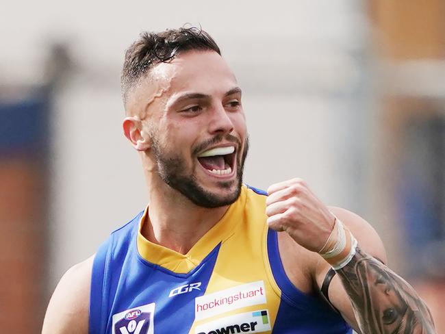 Jake Greiser of Williamstown celebrates a goal during the VFL Preliminary Final match between Williamstown and Essendon at Adcon Stadium in Melbourne, Sunday, September 15, 2019.  (AAP Image/Michael Dodge) NO ARCHIVING, EDITORIAL USE ONLY