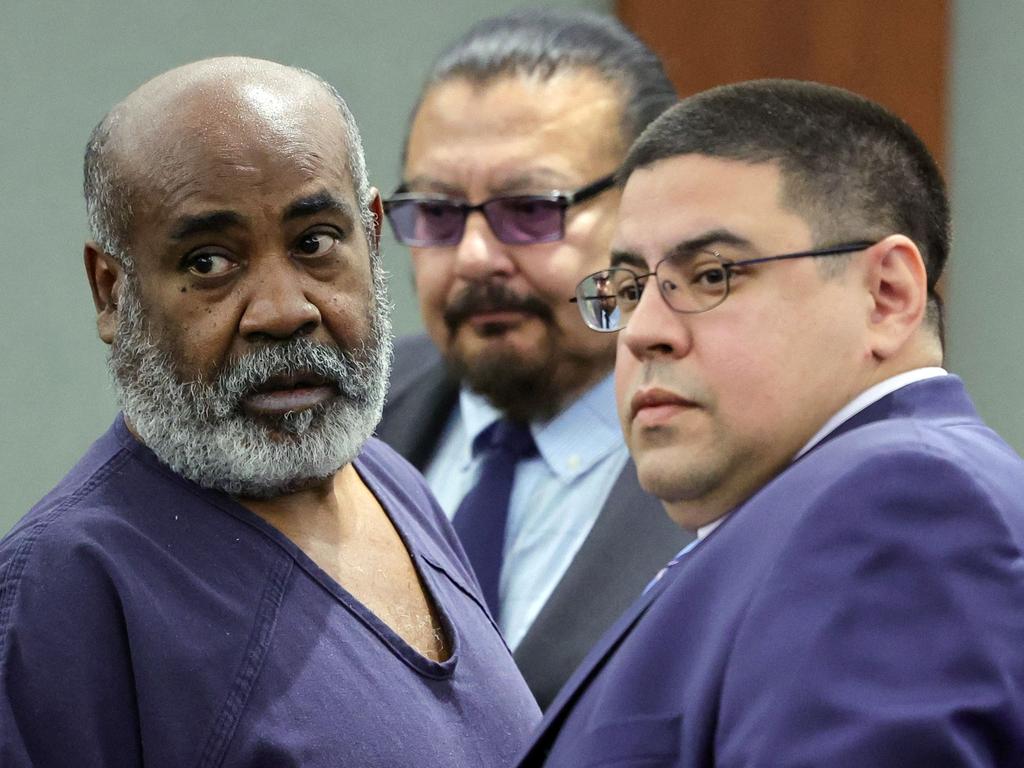 Duane Davis, with deputy special public defenders Charles Cano and Robert Arroyo appears in Clark County District Court to plead not guilty. Picture: Getty Images North America / Getty Images via AFP