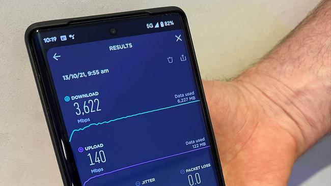 Download speed on a Google Pixel 6 Pro using 5G millimetre wave technology. Picture: Telstra