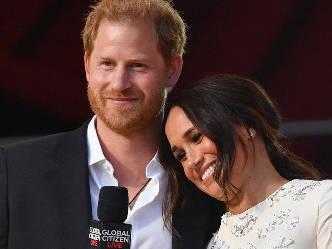 Britain's Prince Harry and Meghan Markle speak during the 2021 Global Citizen Live festival at the Great Lawn, Central Park on September 25, 2021 in New York City. (Photo by Angela Weiss / AFP)