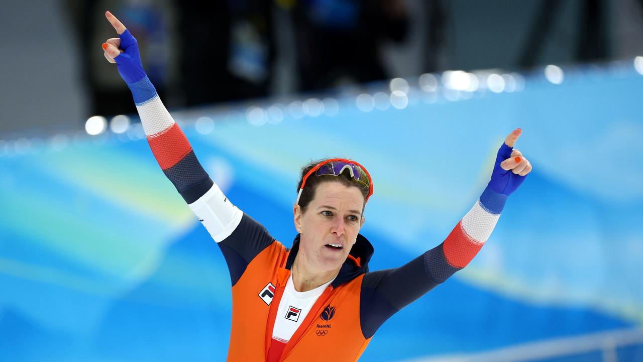 BEIJING, CHINA - FEBRUARY 07: Ireen Wust of Team Netherlands celebrates after setting a new Olympic record time of 1:53.28 during the Women's 1500m on day three of the Beijing 2022 Winter Olympic Games at National Speed Skating Oval on February 07, 2022 in Beijing, China. (Photo by Elsa/Getty Images)