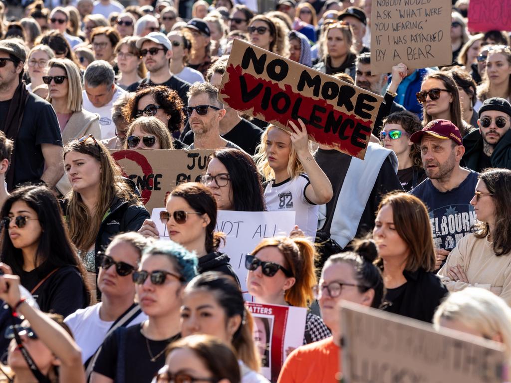 People gathered at Federation Square in Melbourne during a rally against women's violence on April 28. Picture: Diego Fedele/Getty Images