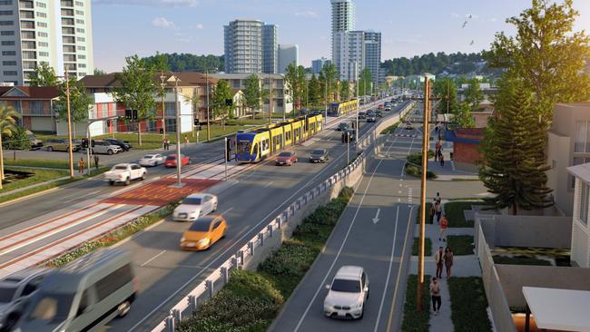 Updated artist impression of Gold Coast Light Rail Stage 3 between Broadbeach and Burleigh Heads. Picture: Supplied