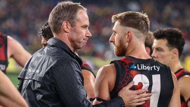 Essendon coach Ben Rutten and captain Dyson Heppell hope for better times ahead for the Bombers. Picture: Michael Klein