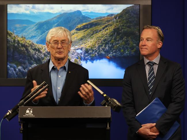 Entrepreneur Dick Smith, left, with Premier and Tourism Minister Will Hodgman announcing the opening of the 24-bed Tahune Hut. Picture: LUKE BOWDEN