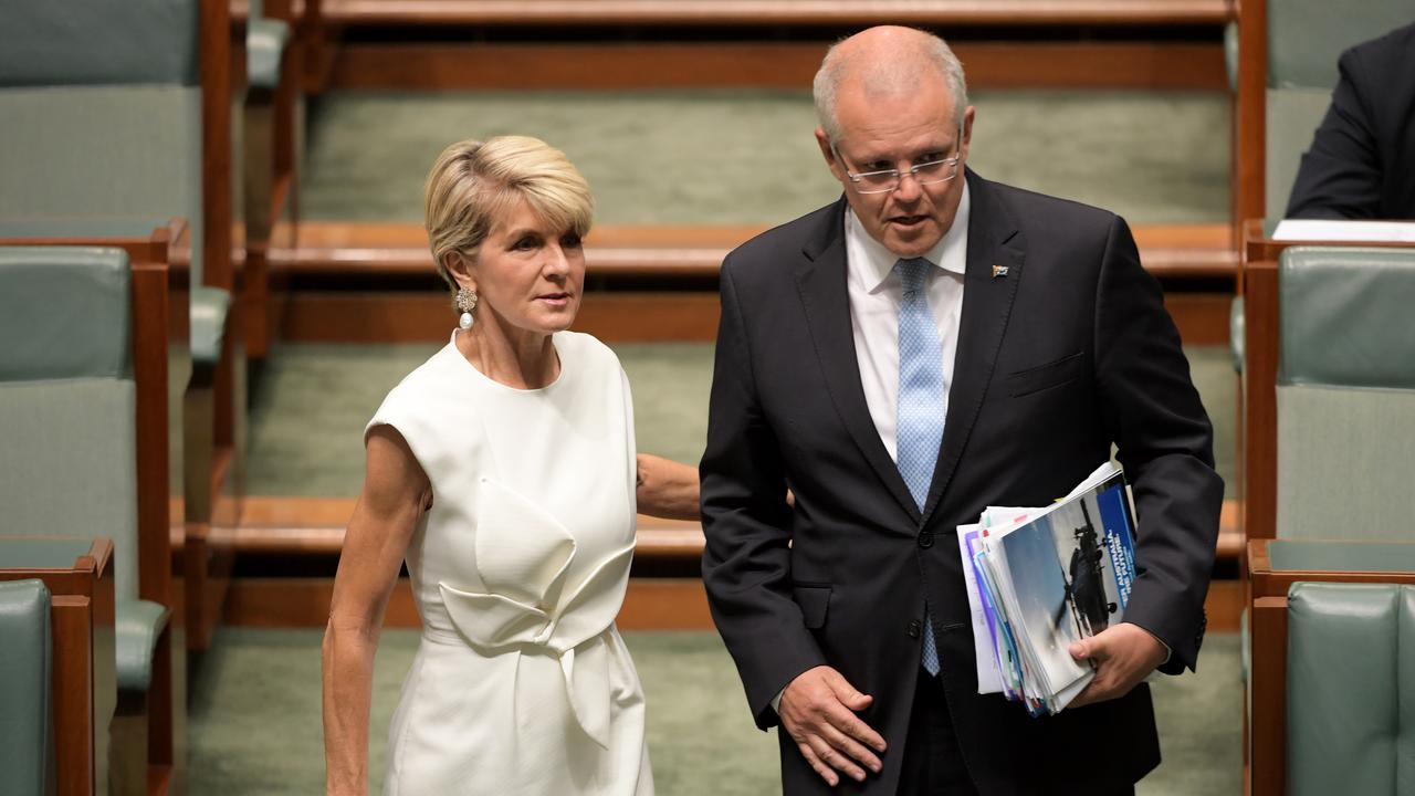 Liberal MP Julie Bishop, left, and Prime Minister Scott Morrison walk into Question Time  today. Picture: Getty Images