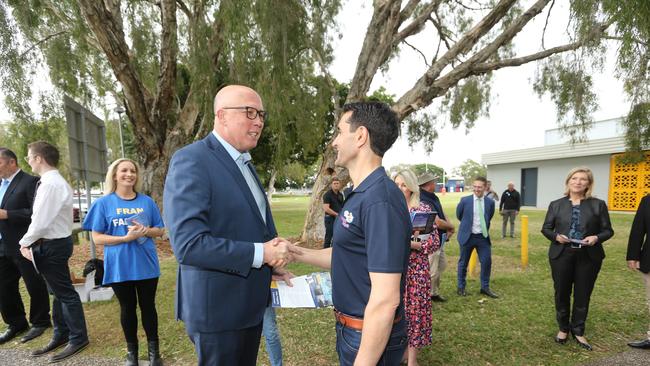 Peter Dutton and Queensland LNP leader David Crisafulli on Saturday. Picture Mike Batterham