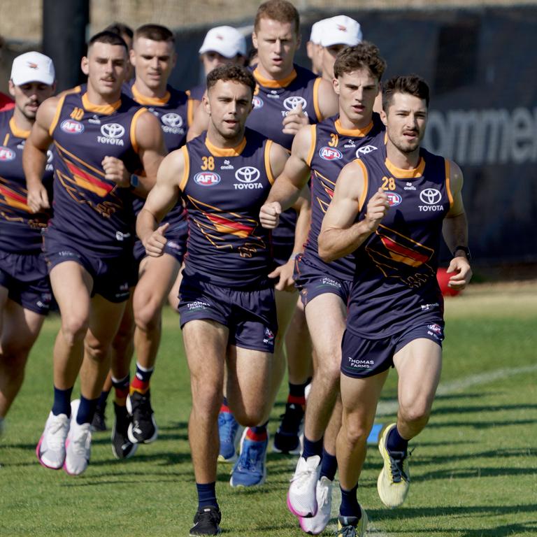 Alex Neal-Bullen leading the running at Crows training. Picture: Dean Martin