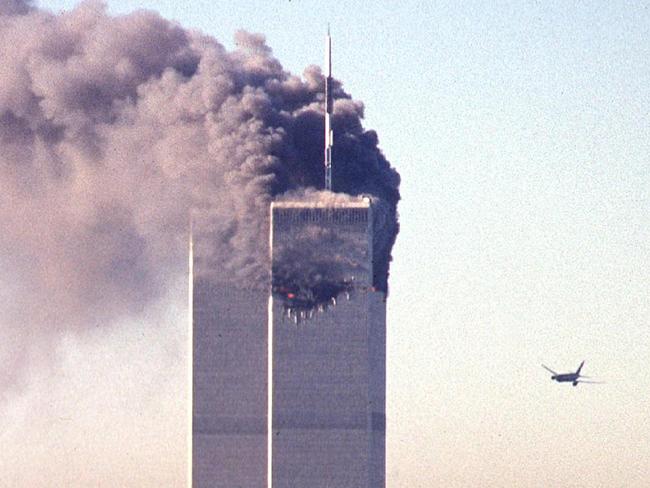 A hijacked commercial plane approaches the World Trade Centre before crashing into the landmark skyscraper in New York. Picture: AFP