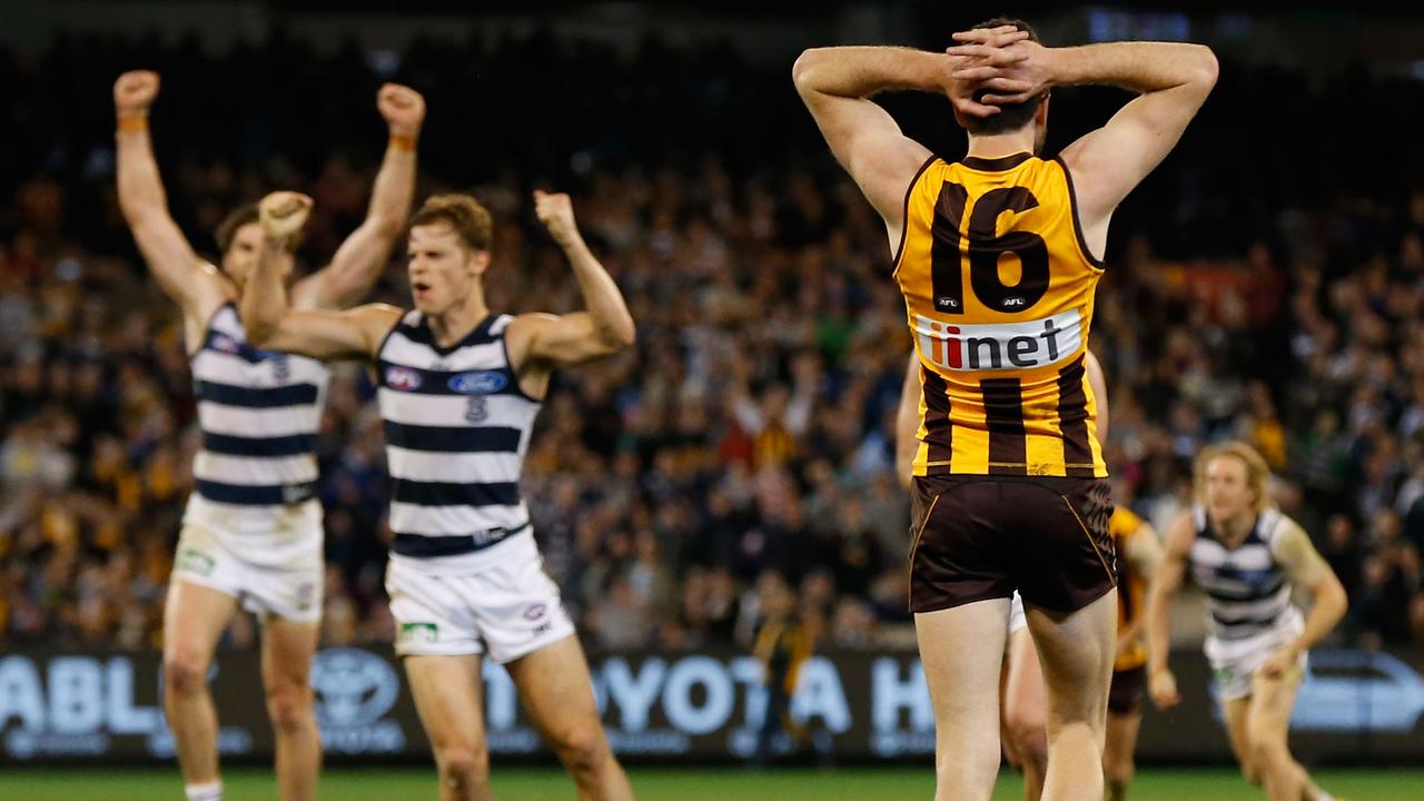 The reaction to Isaac Smith’s shot after the siren. Picture: Getty Images