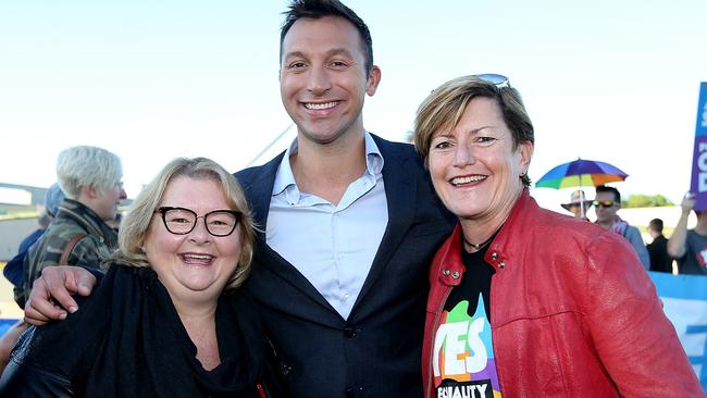 Marriage Equality Ambassadors Magda Szubanski, Ian Thorpe and Christine Forster on the Lawns of Parliament House in Canberra today. Picture: Kym Smith