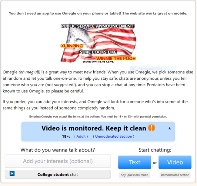 The Omegle home page warns predators are known to use the site. Picture: Supplied