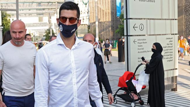 Novak Djokovic is pictured during a visit to the Serbian pavilion at the Expo 2020 in Dubai. Picture: AFP