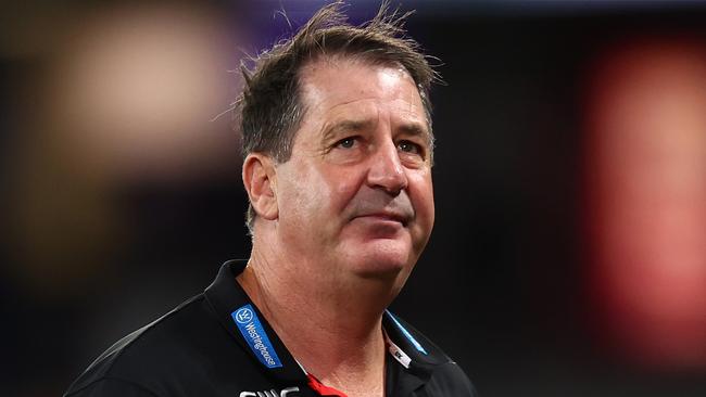 MELBOURNE, AUSTRALIA - JUNE 30: Ross Lyon, Senior Coach of the Saints looks on during the round 16 AFL match between St Kilda Saints and Port Adelaide Power at Marvel Stadium on June 30, 2024 in Melbourne, Australia. (Photo by Graham Denholm/AFL Photos/via Getty Images)