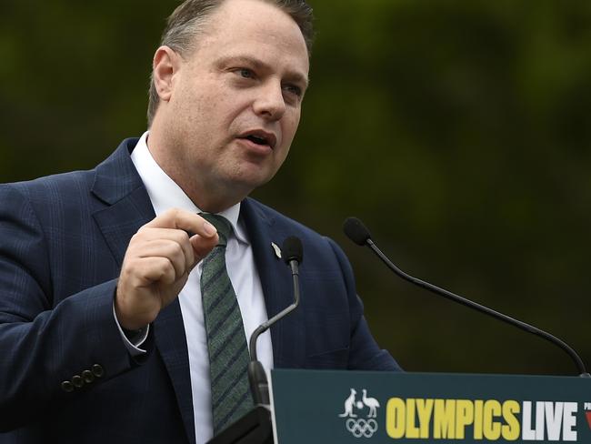 BRISBANE, AUSTRALIA - JULY 15: Lord Mayor of Brisbane Adrian Schrinner speaks during the Australian Olympic Committee announcement of the Olympics Live locations across Australia at South Bank on July 15, 2021 in Brisbane, Australia. (Photo by Albert Perez/Getty Images for the AOC)