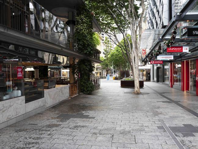 Brisbane’s Queen Street Mall was empty on Saturday. Picture: News Corp/Attila Csaszar