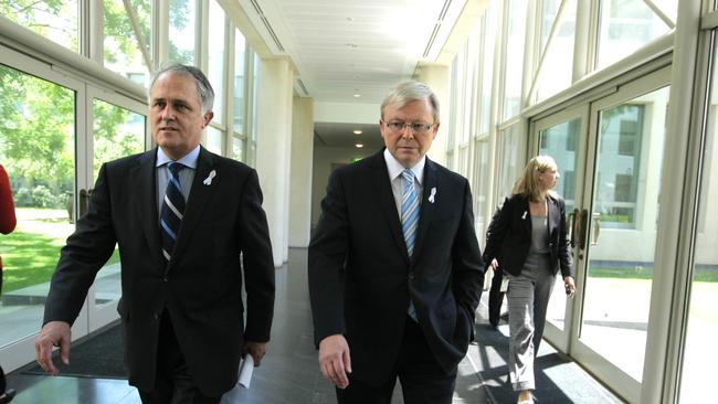 Malcolm Turnbull and Kevin Rudd. “Frankly, Kevin had every reason to feel very bitter and twisted at being let down and deceived,” says Nick Minchin.