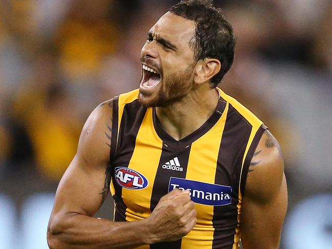 AFL Round 1. Hawthorn vs Collingwood at the MCG. Hawthorn's Cyril Rioli celebrates his goal in the third quarter  . Pic: Michael Klein