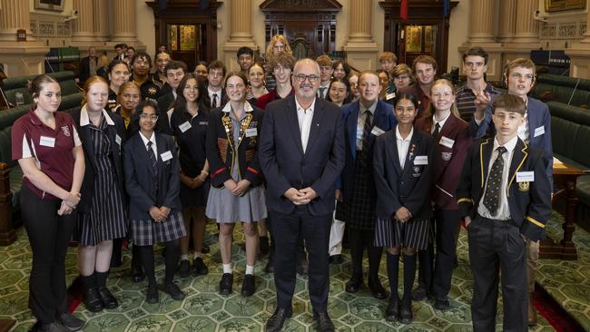 Teen Parliament participants with Speaker of the South Australian House of Assembly Leon Bignell at Parliament House.