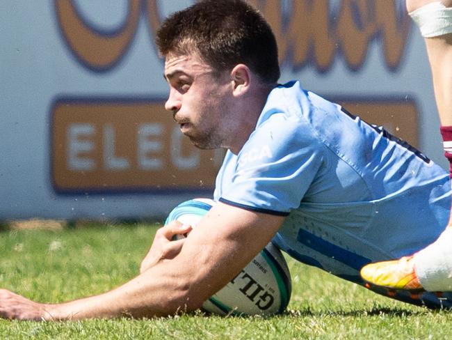 15/10/23. News Local, SportSylvania, Sydney, NSW, Australia.Super Rugby U19sAction from the NSW Waratahs v Queensland Reds Under 19 game at Forshaw Park in SylvaniaNSW player Archie Saunders scores a tryPicture: Julian Andrews