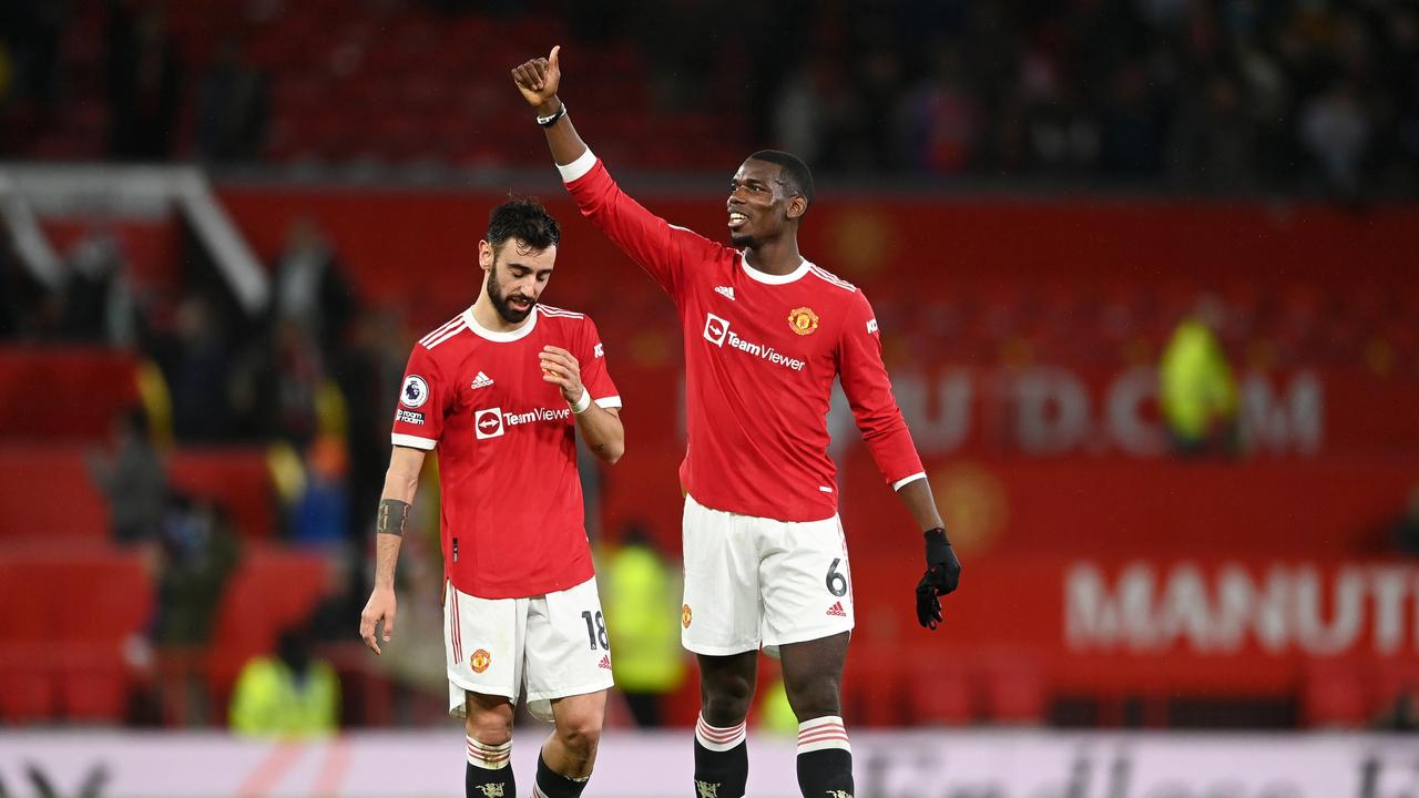 Bruno Fernandes (left) celebrates after scoring against Brighton on Wednesday morning. Picture: Gareth Copley/Getty Images