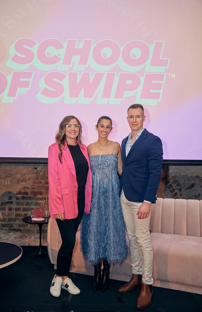 Kirsty Dunn, Chanel Contos and respectful relationships coach Max Radcliffe recently announced Tinder’s ‘school of swipe’. Picture: Supplied