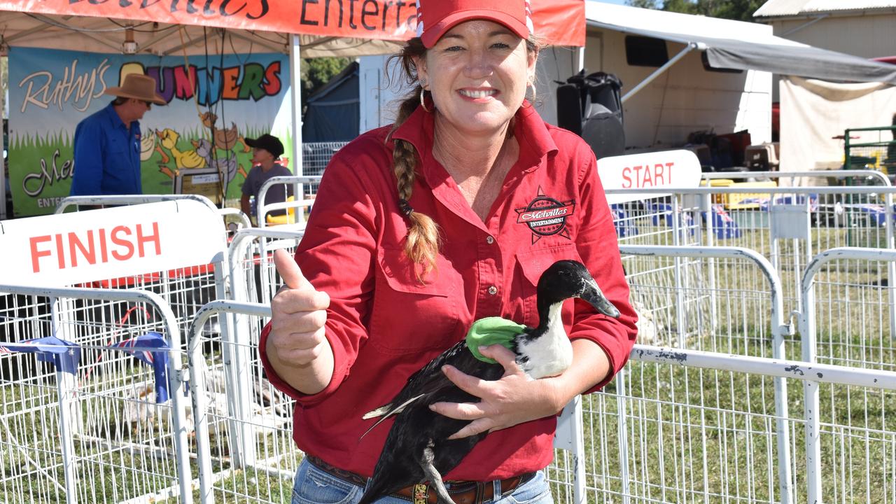 Ruth Melville of Townsville trained up her runner ducks to entertain crowds at country shows across North Queensland with all the thrills and spills of duck racing. Picture: Kirra Grimes