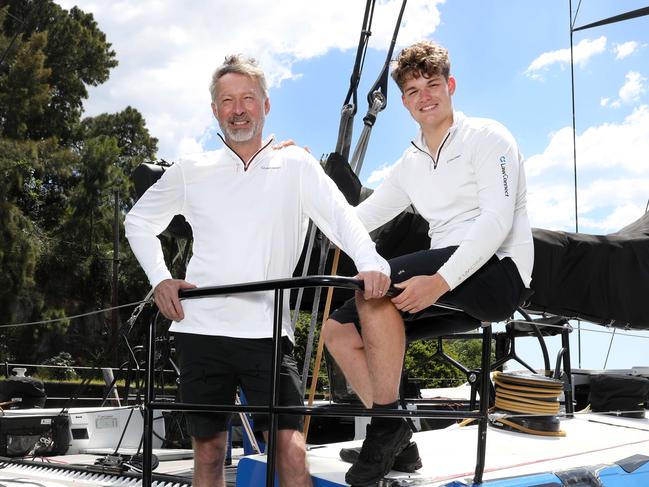 Law Connect Skipper Christian Beck and his son Indy (17) on board their yacht that won line honours in last years Sydney to Hobart race. Jane Dempster/The Australian.