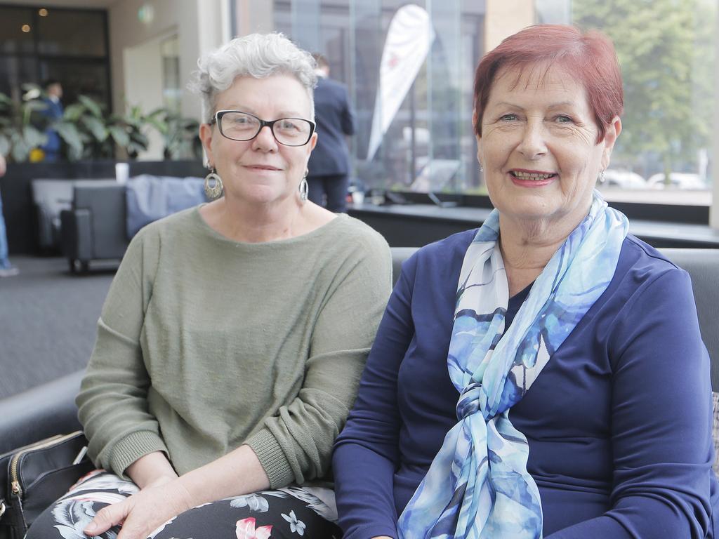 Maureen O’Connor, of New Zealand, left, and Sandra O’Donnell, of Melbourne, at the Grand Chancellor Hotel for the UTAS graduation ceremonies. Picture: MATHEW FARRELL