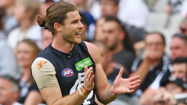 Bryce Gibbs celebrates after kicking a goal. (Photo by Scott Barbour/Getty Images)