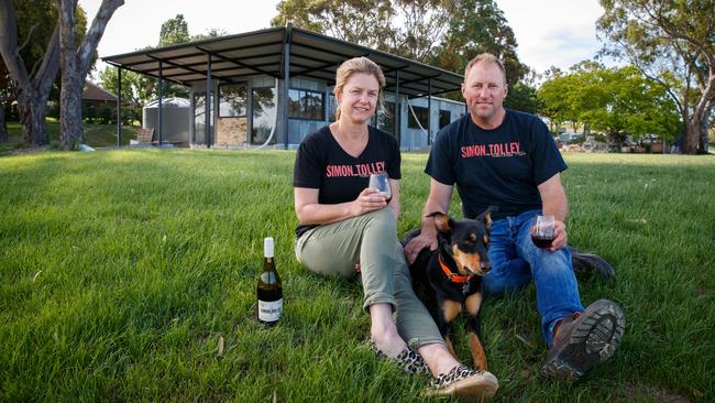 Simon and Narelle Tolley, pictured in November, with their new cellar door under construction in Woodside. Picture Matt Turner.