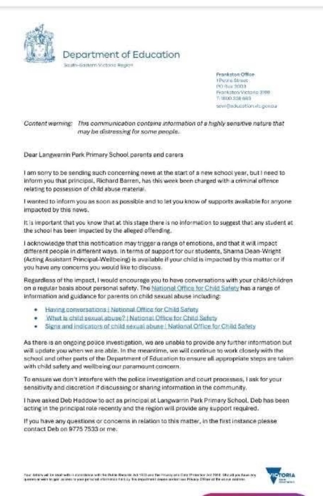 A letter sent to Langwarrin Park Primary School parents. Picture: Supplied.