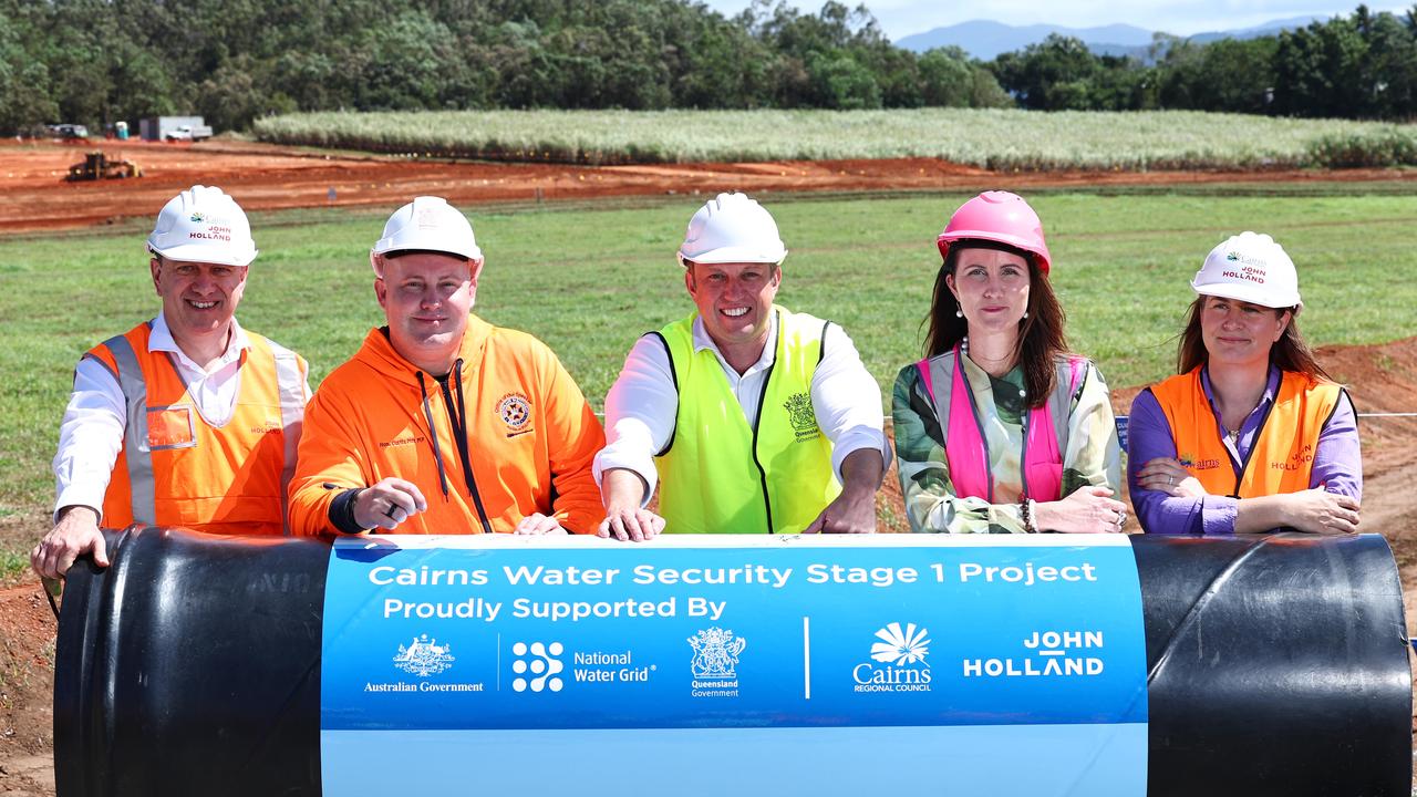 John Holland executive general manager Rob Evans, Member for Mulgrave Curtis Pitt, Queensland Premier Steven Miles, Cairns Mayor Amy Eden and Queensland Senator Nita Green at the site of the Cairns Water Security Project Stage 1 Project construction site, north of Gordonvale. The $472 million project will generate a new drinking water supply from the Mulgrave River by 2026. Picture: Brendan Radke