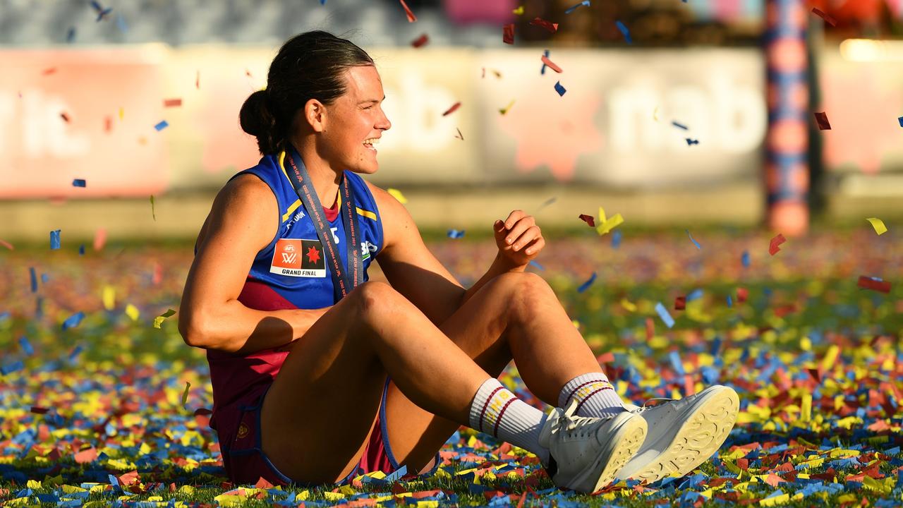 MELBOURNE, AUSTRALIA - DECEMBER 03: Sophie Conway of the Lions celebrates after winning the AFLW Grand Final match between North Melbourne Tasmania Kangaroos and Brisbane Lions at Ikon Park, on December 03, 2023, in Melbourne, Australia. (Photo by Josh Chadwick/AFL Photos/via Getty Images)