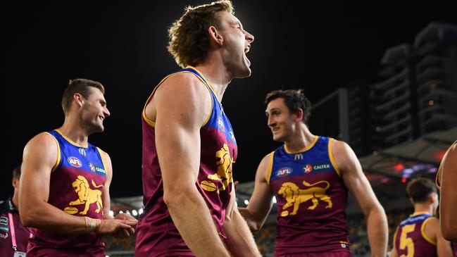 Brisbane co-captain Harris Andrews (middle) and Jack Payne (left) have formed a strong bond in the backline. Picture: Albert Perez/AFL Photos via Getty Images