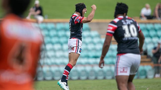 10/02/2024. News Local. Sport. Leichardt, Sydney, NSW, Australia.NSWRL Junior Reps, SG Ball Cup round two, Balmain Tigers vs Sydney Roosters at Leichhardt Oval, 10 February 2024Roosters won the game 13-12 with an incredible last second field goal.Pic shows: The winning field goal was the third of three attempted field goals near the final hooterTigers player: Roosters player:  Toby Rodwell celebrates after  kicking the winning field goalPicture: Julian Andrews