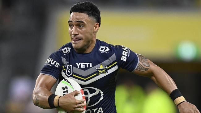 TOWNSVILLE, AUSTRALIA - JULY 06: Valentine Holmes of the Cowboys runs the ball during the round 18 NRL match between North Queensland Cowboys and Manly Sea Eagles at Qld Country Bank Stadium, on July 06, 2024, in Townsville, Australia. (Photo by Ian Hitchcock/Getty Images)