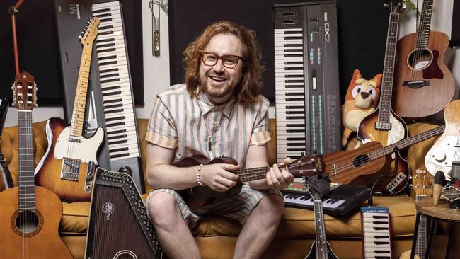 Composer Joff Bush at his South Brisbane recording studio, while celebrating his first two Screen Music Award wins for his work on the children's TV program Bluey. Picture: Glenn Hunt