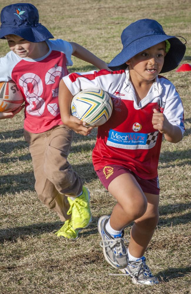 Taufa Taulani (right) pictured as a youngster with friend Callen O’Mara at Mango Hill State School. Picture:Russell Brown.