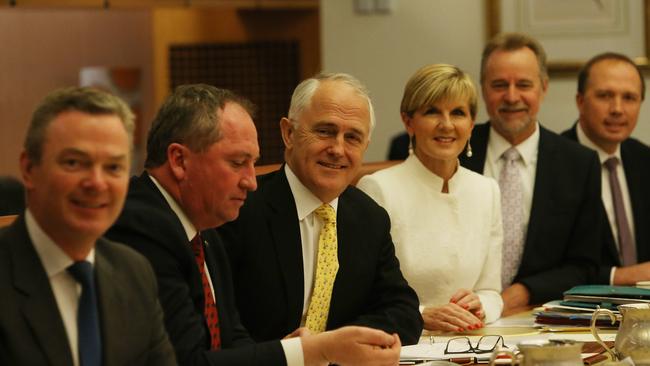 PM Malcolm Turnbull with the New Ministry in the Cabinet room at Parliament House in Canberra. Picture Kym Smith