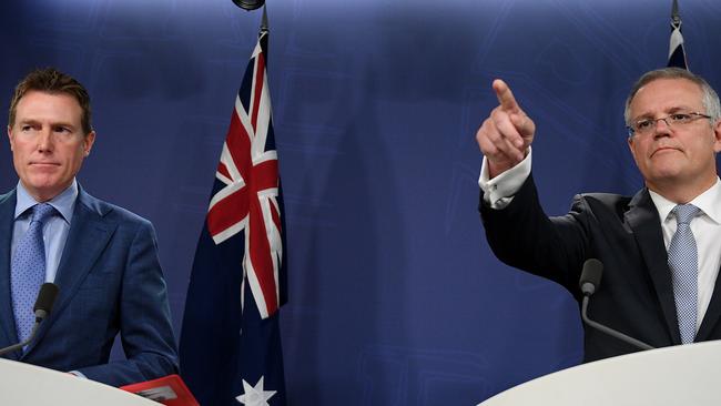 Attorney-General Christian Porter and Scott Morrison in Sydney yesterday. Picture: AAP