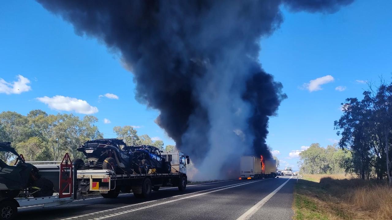 Firey scenes of the Bruce Highway crash at Bajool last Wednesday. Picture: Contributed