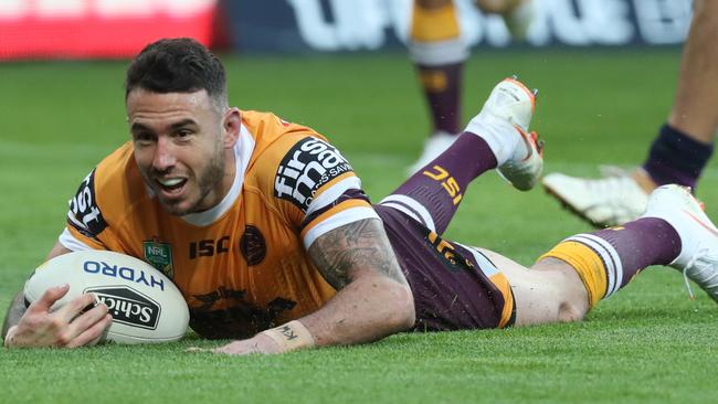 Darius Boyd scores s a try for the Broncos against the Storm. Photo: AAP