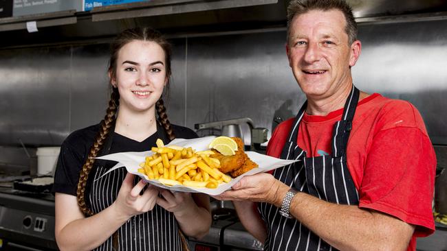 Cassidy McKenzie and Tim Poeszus from Crisp Fish and Chips at Mudgeeraba. Picture: Jerad Williams