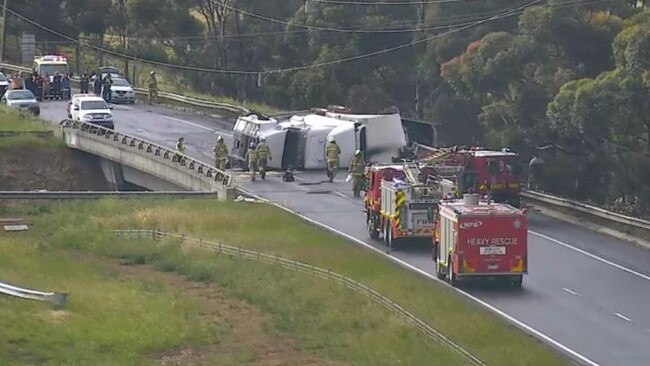 The truck came to rest on its side on the Calder. Picture: VicTraffic