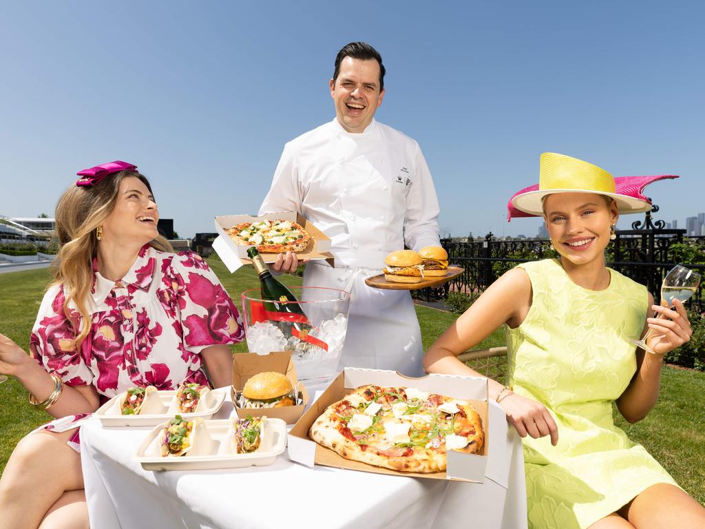 The VRC has announced its food offering for the Melbourne Cup Carnival. Pictured: Crown Resorts executive chef Josh Pelham and Zoe and Sienna. Picture: Jason Edwards