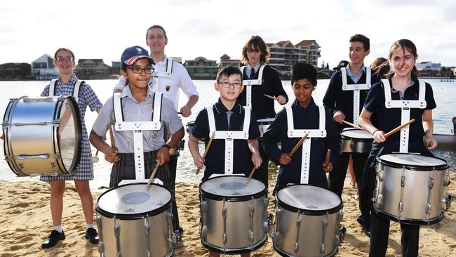 Norwood Morialta High’s Drum Corp perform during the 2019 Head of the River at West Lakes. Picture: Mark Brake